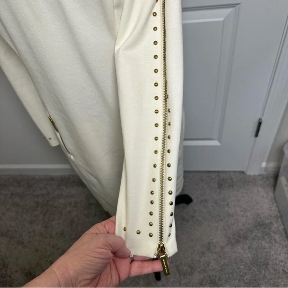 Michael‎ Kors Off White Studded Long Sleeve Zipper Sheath Dress Gold Hardware